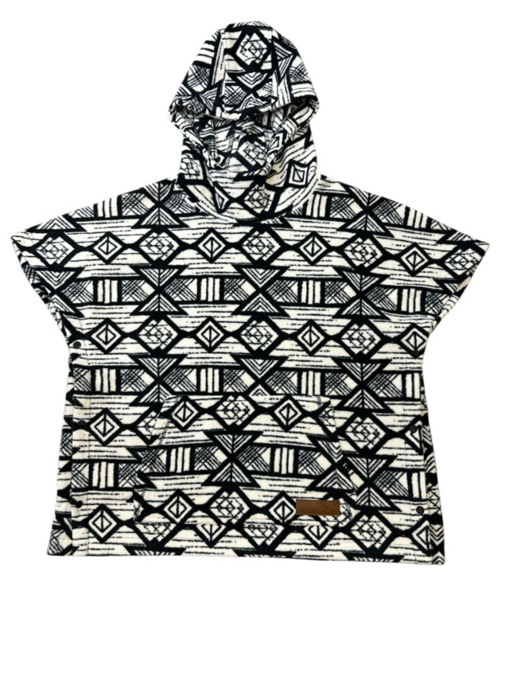 KAVU Fleece Poncho Hoodie Short Sleeve Black White Geometric Print Sz L